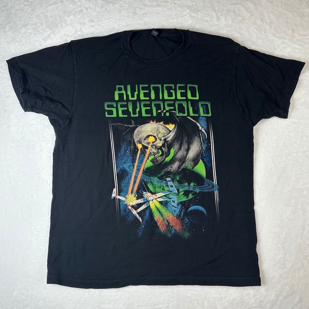 Avenged Sevenfold Mens Large Black Graphic T-Shirt Sci-Fi Skull Tultex Cotton